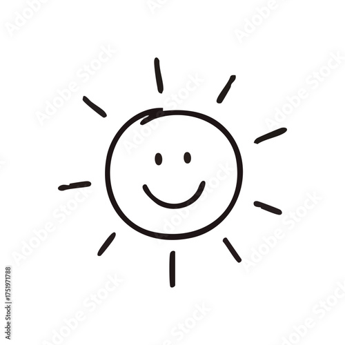 (Happy Sun Face Hand Drawn Doodle. Charming sketch of a beaming sun conveying warmth, joy, and positive energy. Perfect for designs needing a cheerful, bright, and optimistic feel.)