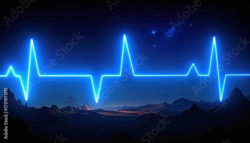 Glowing Blue Neon Heartbeat Over Mountain Landscape at Night.
