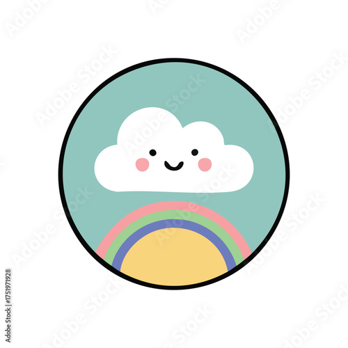(Cheerful Cloud and Pastel Rainbow. Captivating graphic of a joyful celestial body overlooking a gentle arc of colors. Represents happiness, innocence, and imaginative reverie.)