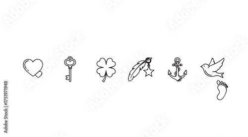 Whimsical hand drawn symbols of luck good fortune and love collection vector