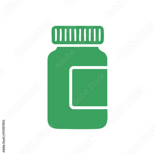 (Green Medicine Bottle Icon. Flat graphic of a medication receptacle. This vibrant emerald jar signifies health, wellness, and therapeutic care.)