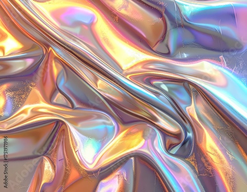 Iridescent Metallic Fabric with Holographic Effect and Fluid Texture.
