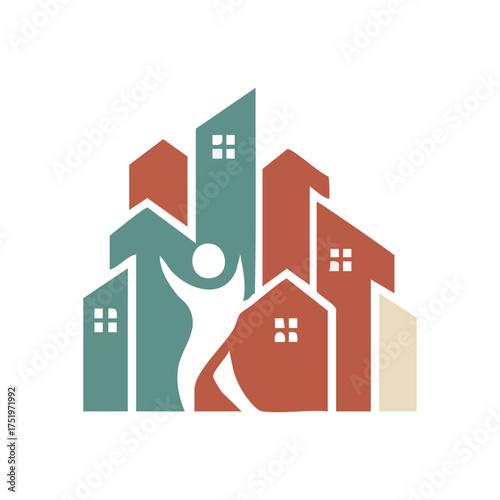 (Community Living Human Cityscape Logo. This vibrant emblem showcases a cheerful individual surrounded by diverse residences. It signifies prosperous settlements, housing achievement, and societal.)