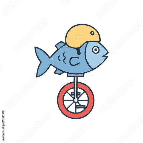(Whimsical Fish on Unicycle Adventure. This amusing cartoon portrays a brave aquatic creature performing an extraordinary feat of balance. It signifies courage and unconventional journeys.)
