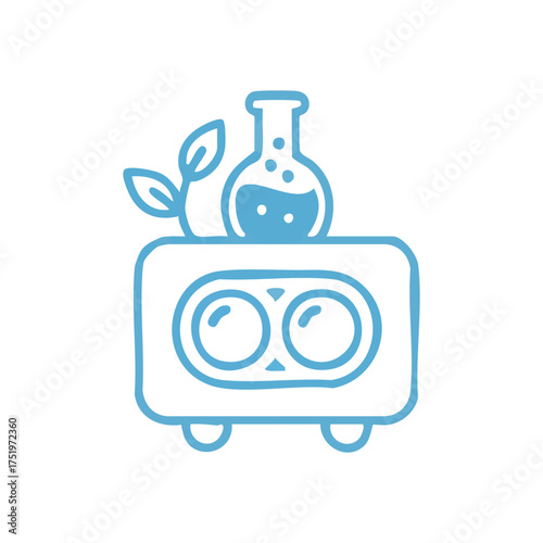 (Eco Technology Research Innovation. This depiction shows a friendly robot with a scientific flask and growing plant. It symbolizes the fusion of nature, technology, and discovery for a sustainable.)