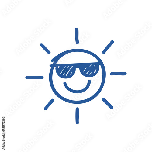 (Cool Blue Sun with Shades Doodle. This friendly sky-colored drawing portrays a joyful solar orb sporting eyewear. It embodies warmth, optimism, and a relaxed, carefree spirit.)