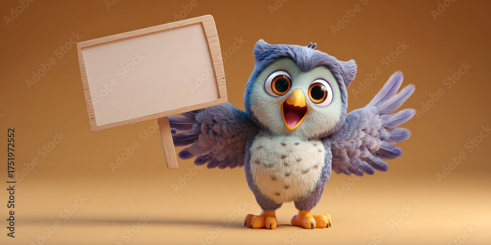 Obraz premium Colorful cute owl character lifting empty sign, expressing joy and playfulness in vibrant setting