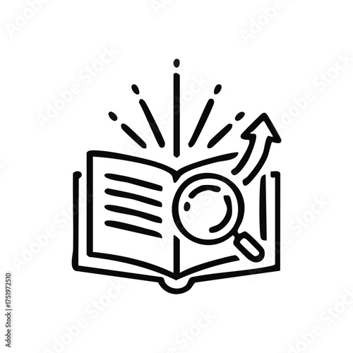 (Knowledge Discovery and Growth Icon. This illustration shows an open volume with a magnifier, depicting thorough investigation. It conveys understanding, advancement, and intellectual development.)