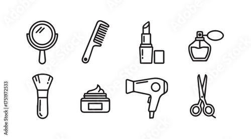Beauty salon icons set mirror comb lipstick perfume hair dryer brush scissors cream jar vector