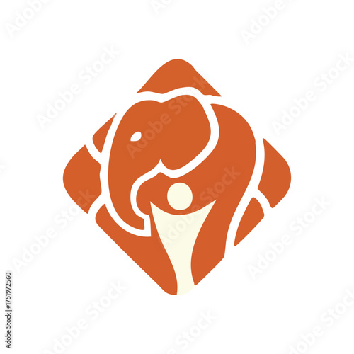(Majestic Animal Human Affinity. This vibrant orange emblem portrays a wise pachyderm and a joyful individual, embodying nature's profound connection with people, promoting environmental stewardship.)