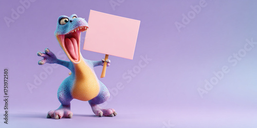 Colorful dinosaur character lifting empty sign, joyful expression, cartoon style, vibrant colors, playful design, fun illustration