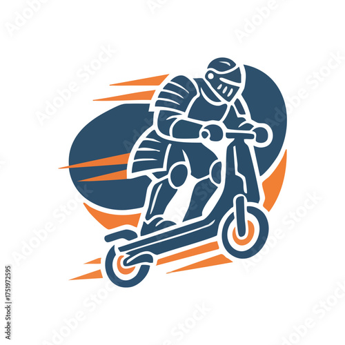 (Armored Knight Riding Electric Scooter. This graphic portrays a medieval warrior cruising on a battery powered vehicle. It symbolizes a dynamic fusion of heritage and progress in urban transit.)