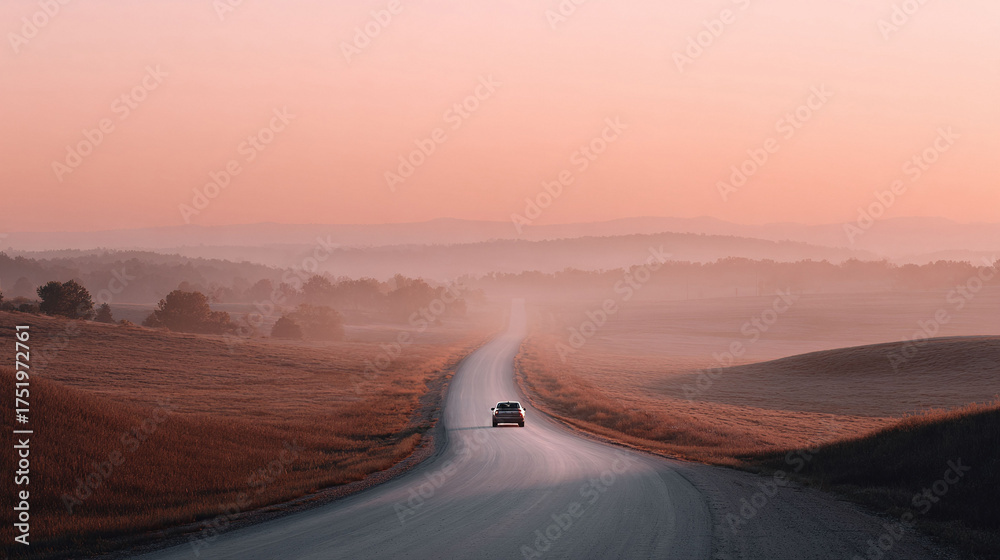 Fototapeta premium A car drives along a winding road through hazy fields and distant hills at sunrise. Evokes adventure, freedom, and escape. Perfect for travel, lifestyle, or motivational content.