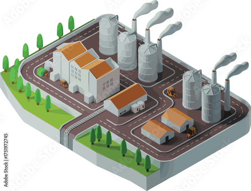 Isometric 3d illustration of large industrial power plant complex with cooling towers, chimneys, pipelines, and energy production infrastructure