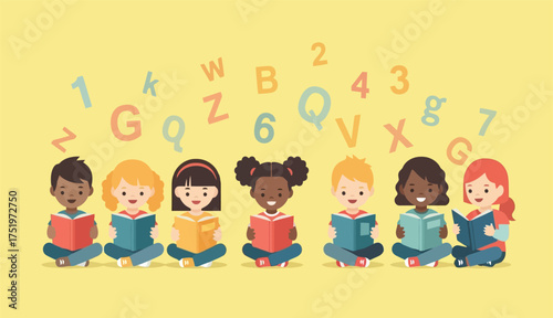 Kids Education with Diverse Children Reading Books Learning Alphabet Numbers