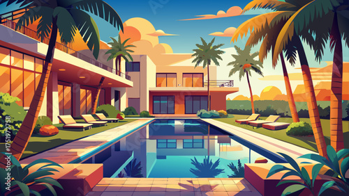 
Very beautiful tropical swimming pool surrounded by palm trees and modern architecture, reflecting a relaxing paradise atmosphere under warm sunlight.