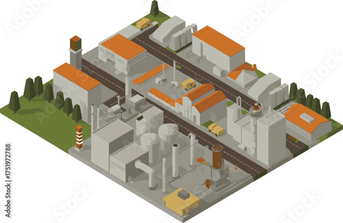 Isometric 3d illustration of large industrial power plant complex with cooling towers, chimneys, pipelines, and energy production infrastructure