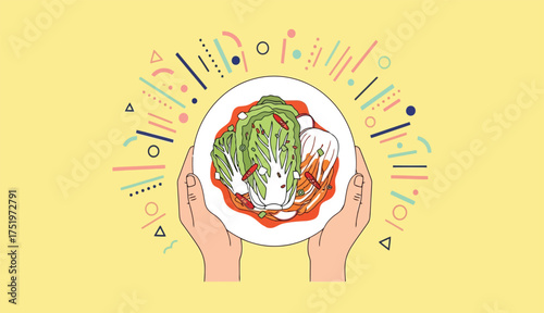 Kimchi Dish Plated with Hands Holding Food for Culinary Illustration