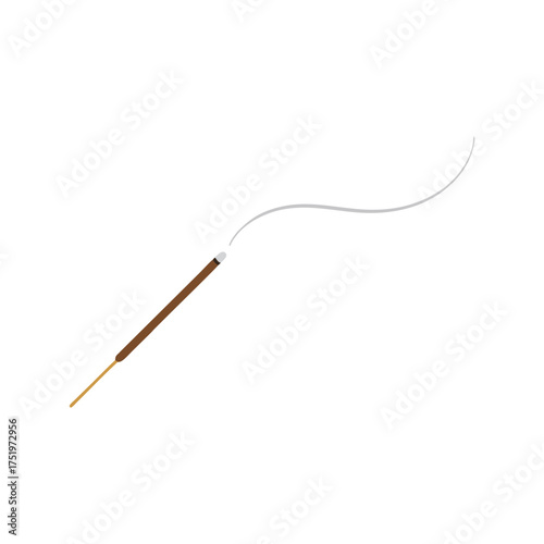 A single incense stick burning, emitting a thin trail of smoke, isolated on a white background.