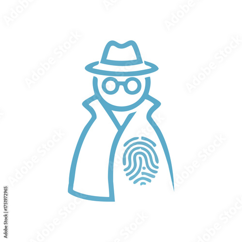 (Spy Identity Fingerprint Security. This illustration depicts a detective figure with a unique biometric mark, symbolizing data protection, individual privacy, and cyber investigation.)