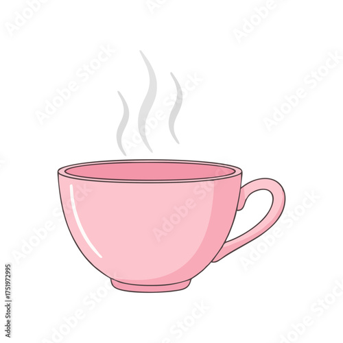 Pink teacup with steam rising, isolated on a white background.