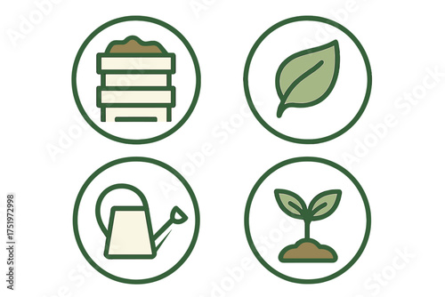 Simple nature and horticulture icons showing plant growth, cultivation, watering, and fertile soil