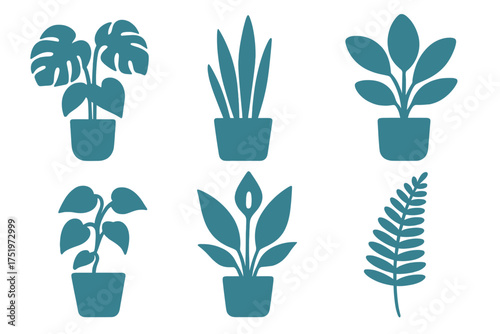 Set of stylized popular potted houseplants and tropical foliage silhouettes