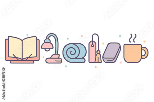 Collection of cozy home items icons including book, lamp, blanket, soap, and hot beverage mug