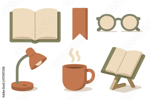 Cozy collection of reading accessories including open books, bookmark, desk lamp, and hot drink cup
