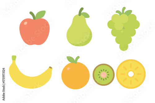 Set of common fresh fruits including apple, pear, grapes, banana, orange, kiwi, and pineapple