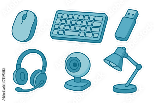 Essential computer peripherals and office equipment stickers set mouse keyboard webcam headset USB drive desk lamp