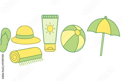 Essential summer beach items set with sun protection lotion, wide brim hat, towel, sandals, ball, and parasol