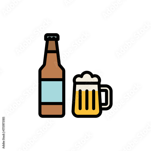 Beer Bottle and Mug Icon - Beverage Drink Symbol for Pub, Bar, Alcohol, and Party Designs