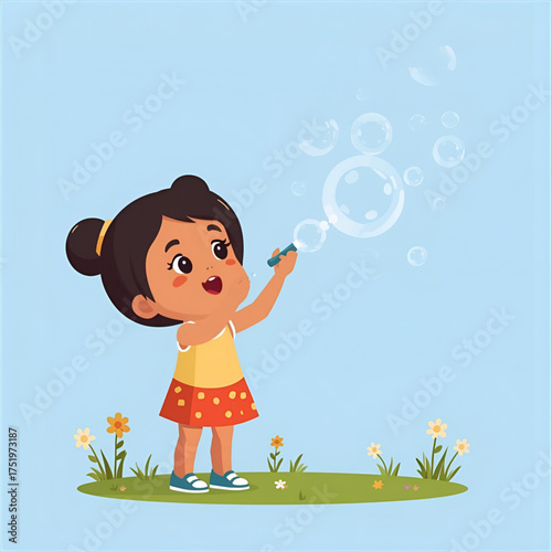 Adorable young girl happily blowing bubbles in a grassy field with flowers under a bright blue sky, evoking childhood joy and carefree playfulness