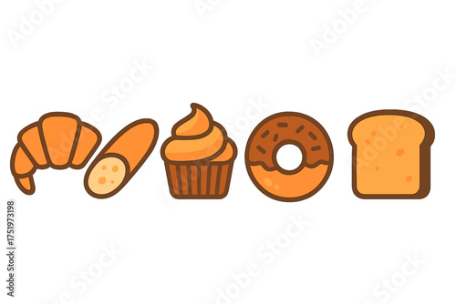 Various baked goods and sweet desserts including croissant baguette cupcake donut and bread slice