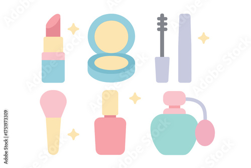 Essential beauty products collection: lipstick, face powder, mascara, brush, nail polish, and perfume in pastel colors