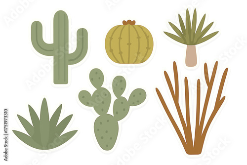 Stylized desert plants and succulent elements including prickly pear and saguaro cactus