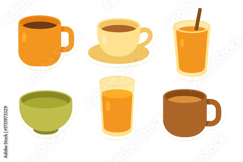 Assortment of colorful beverages including coffee, tea, and juice in various containers