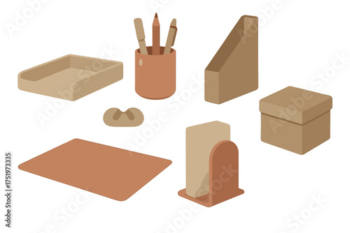 Modern minimalist desk organizers and stationery items in neutral earthy tones