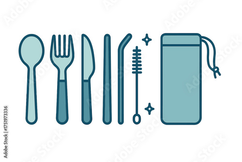 Reusable travel cutlery set with spoon fork knife metal straws and cleaning brush in a pouch