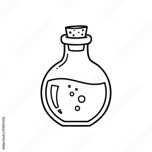 (Enchanted Potion Bottle Graphic. Simple vector drawing of a magical flask, sealed with a stopper. The bubbling concoction hints at hidden knowledge, discovery, or potent remedies.)