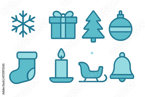 Set of winter holiday symbols including snowflake gift tree ornament stocking candle sleigh and bell