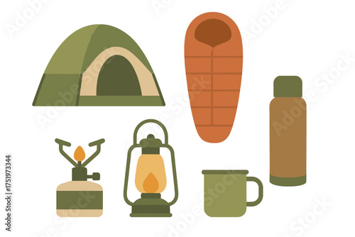 Essential outdoor camping equipment set with tent sleeping bag lantern and stove