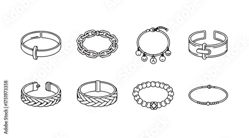Set of various hand-drawn bracelets and bangles artistic sketch collection vector