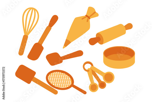 Baking tools set including whisk, rolling pin, spatula, piping bag, and measuring spoons