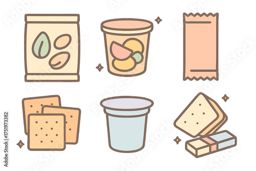 Pastel colored packaged snacks including nuts, yogurt, crackers, and candy bars