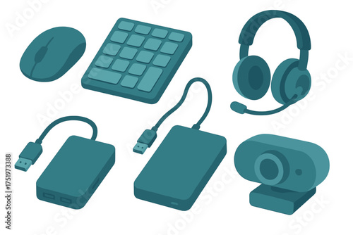 Isometric set of modern computer accessories including mouse, numeric keypad, headset, external hard drive, USB hub, and webcam