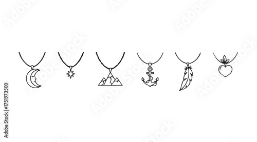Collection of delicate necklaces featuring symbolic pendants on a clean vector