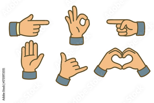 Diverse collection of hand gestures including pointing, OK, open palm, shaka, and heart sign