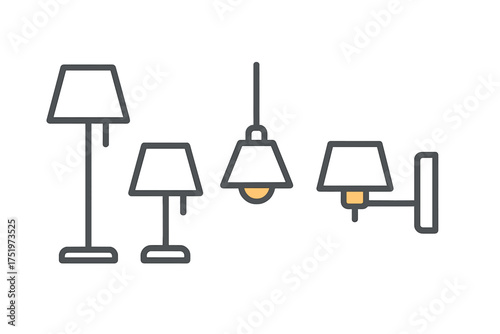 Set of outline icons showing floor, table, pendant, and wall lighting fixtures